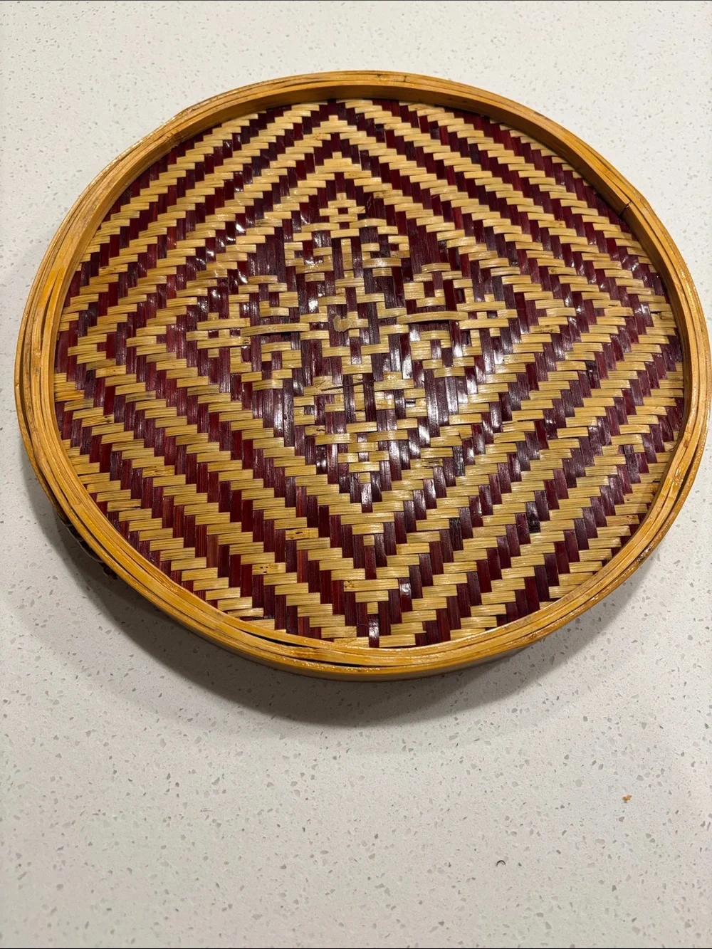 Round Bamboo Serving Tray - Geometric Hand-Woven Sieve Basket
